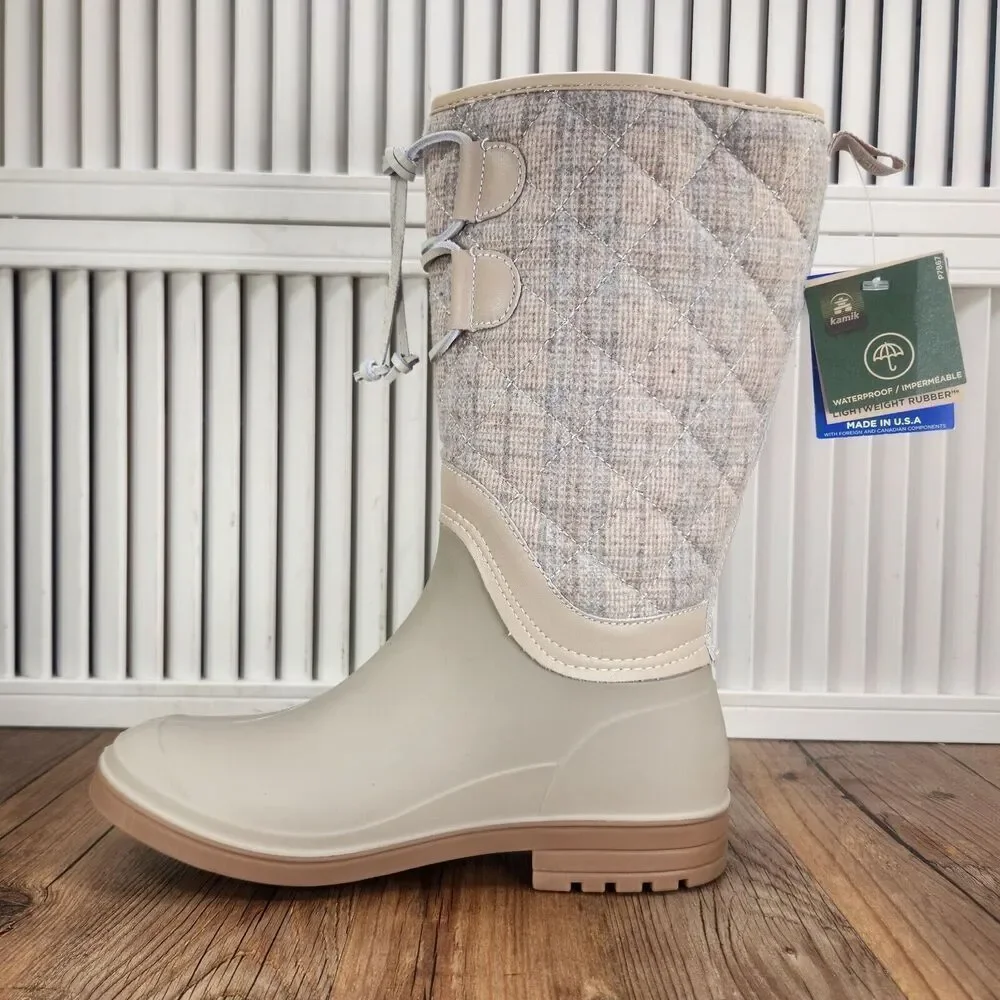 Kamik Abigail Oat Womens Size 6 Beige Plaid Quilted Rubber Waterproof Rain Boots